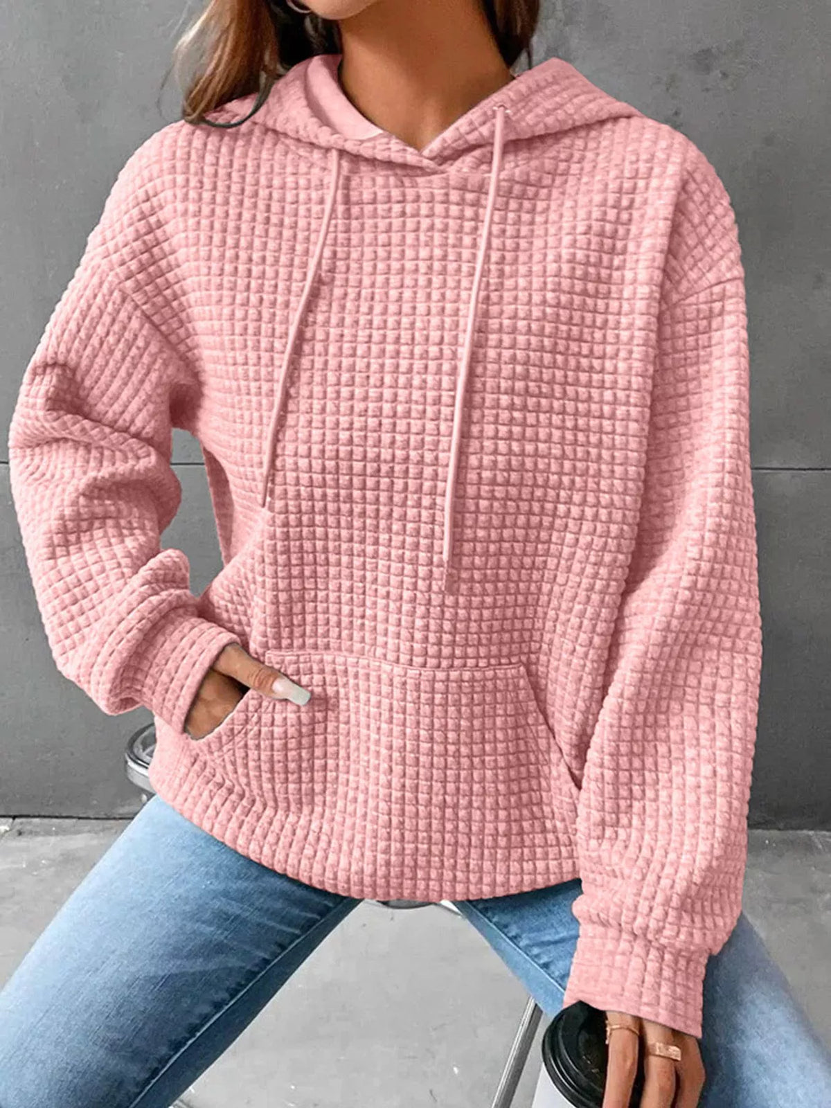 Full Size Textured Kangaroo Pocket Hoodie Plus Size | STAHlin RADIANCE