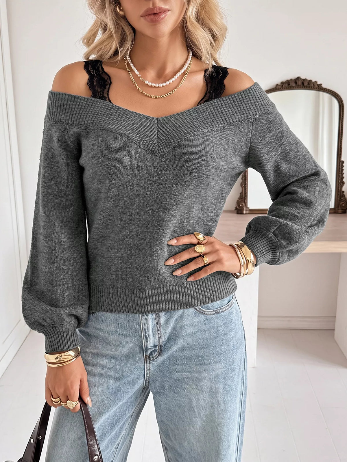 Off-Shoulder Lace Trim Sweater | STAHlin RADIANCE