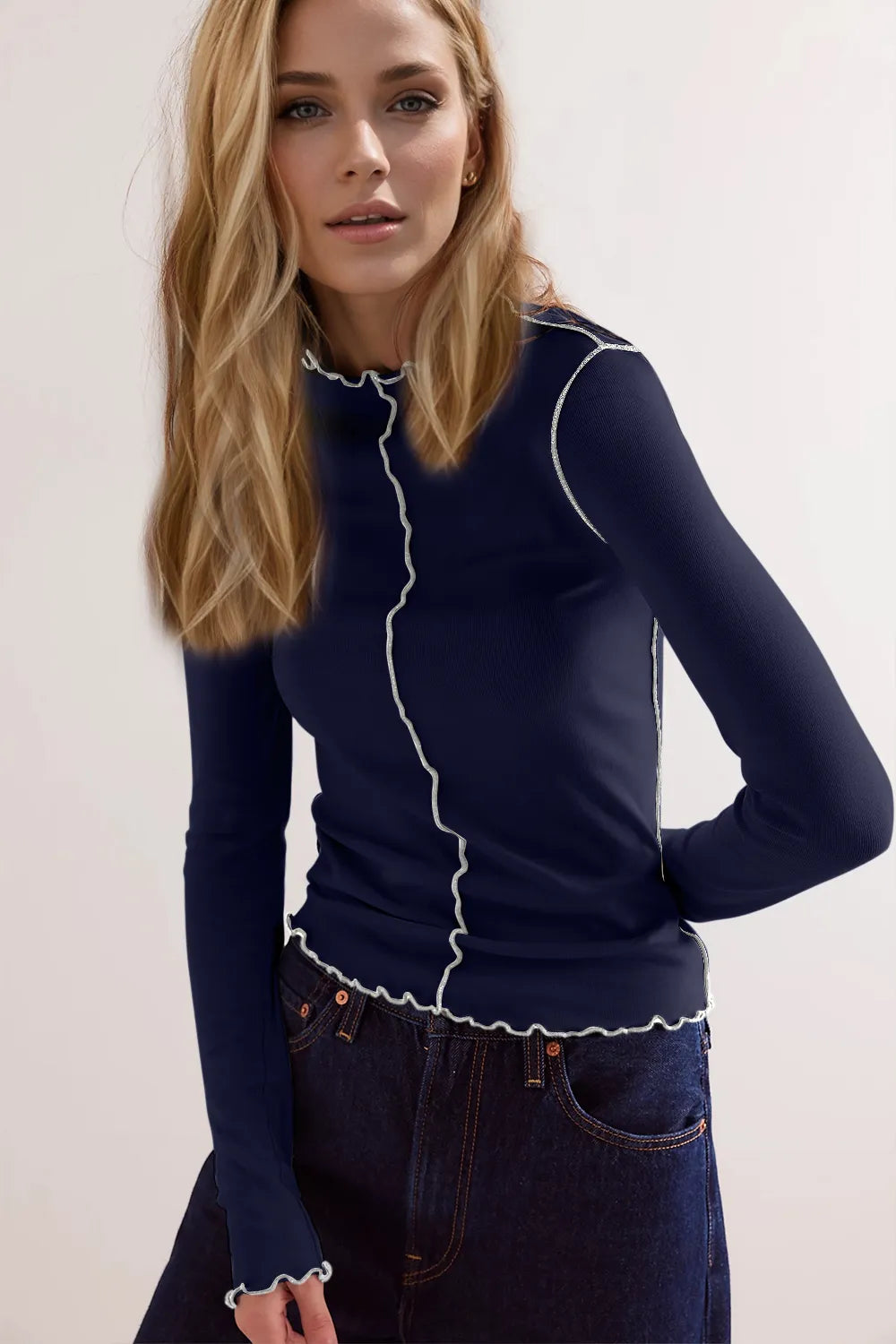 Basic Bae Wavy Lettuce Trim Contrast Stitching Long Sleeve Mock Neck Slim Fit Casual Top | STAHlin RADIANCE