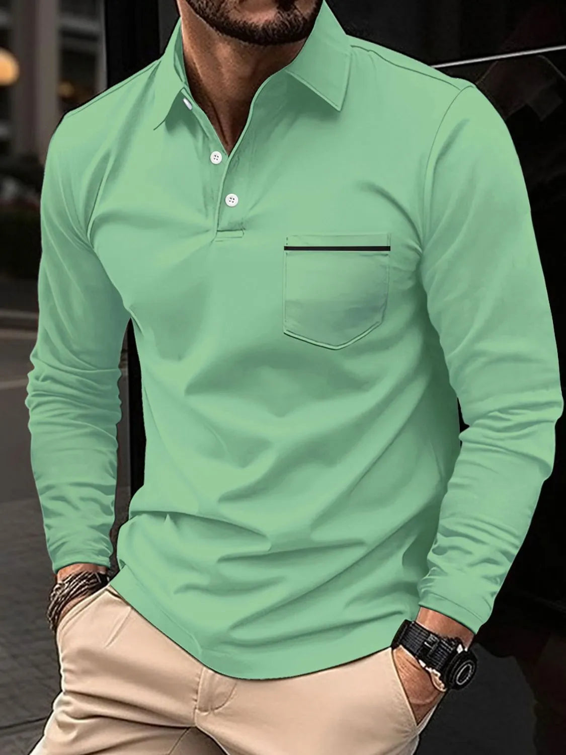 Men's Full Size Button Detail Long Sleeve Polo Plus Size | STAHlin RADIANCE