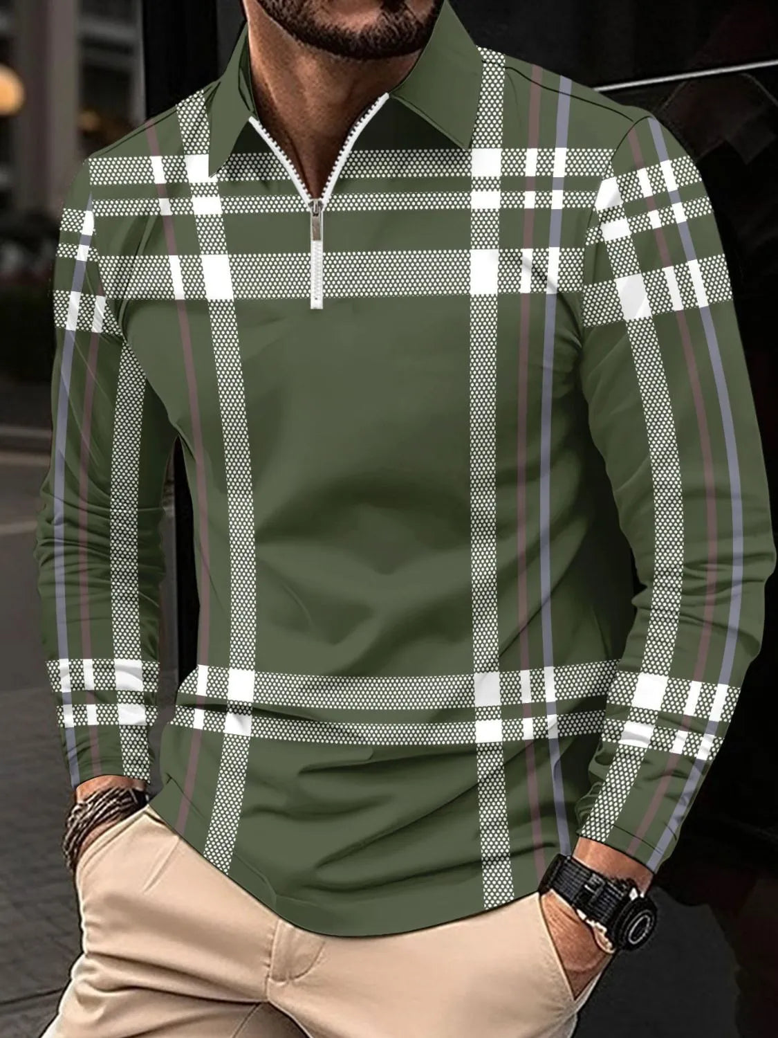Men's Full Size Plaid Zip Collar Long Sleeve Polo Plus Size | STAHlin RADIANCE