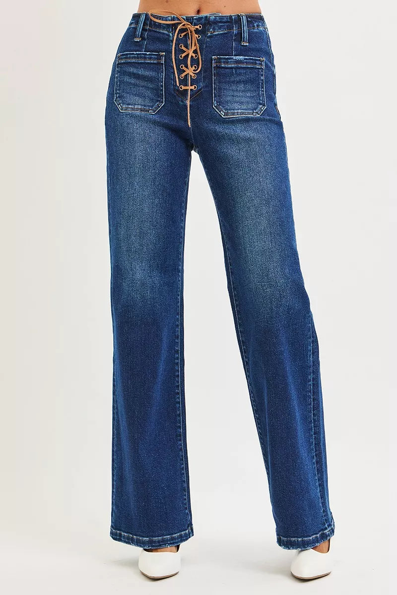 RISEN Full Size High Rise Wide Leg Jeans with Front Tie Detail Plus Size | STAHlin RADIANCE