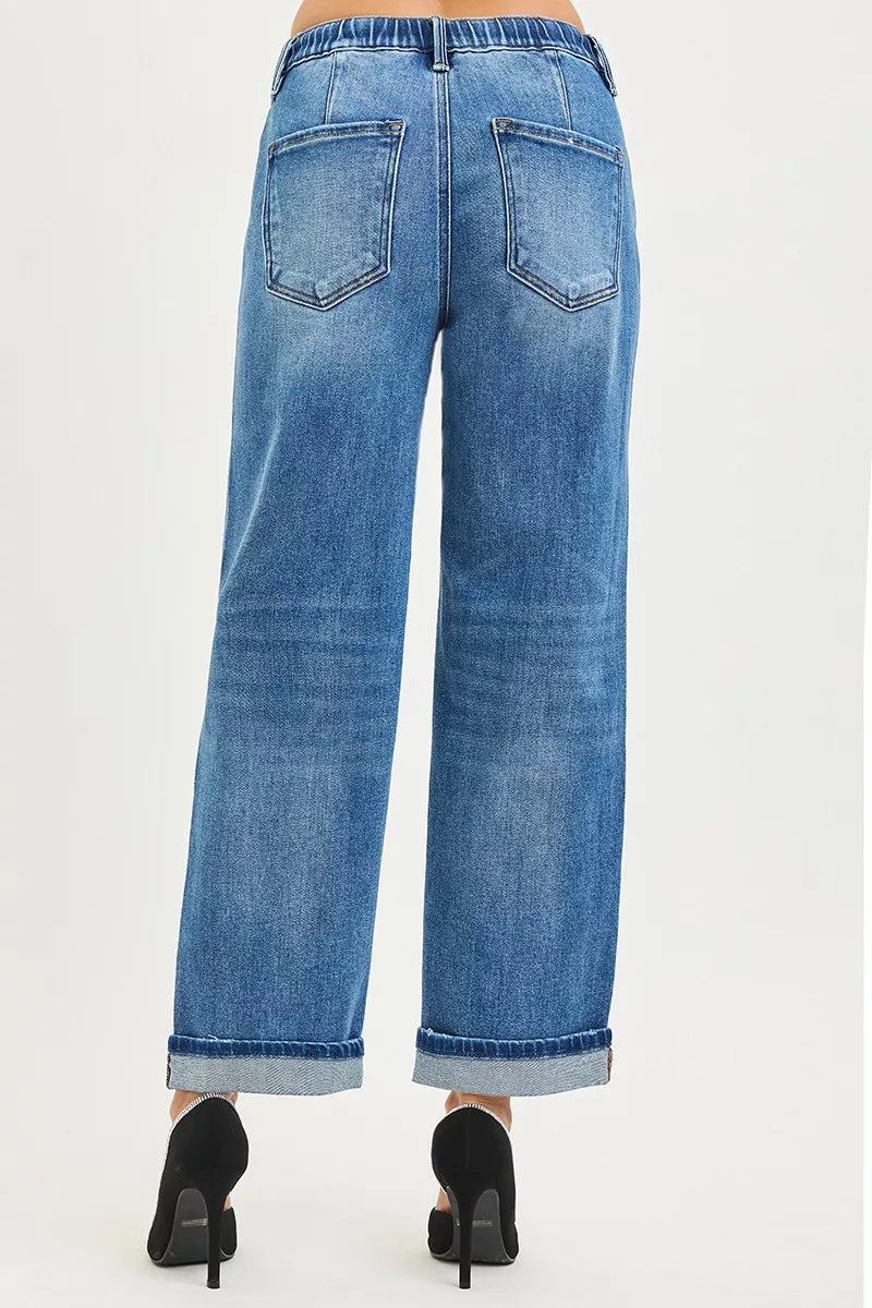 RISEN Elastic Band Slouch Ankle Boyfriend Cuffed Hem Jeans | STAHlin RADIANCE