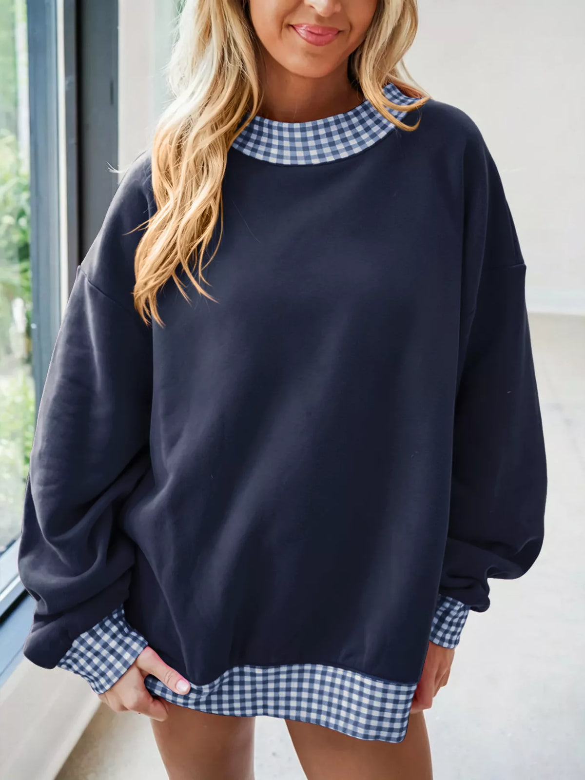 Gingham Trim Dropped Shoulder Sweatshirt | STAHlin RADIANCE