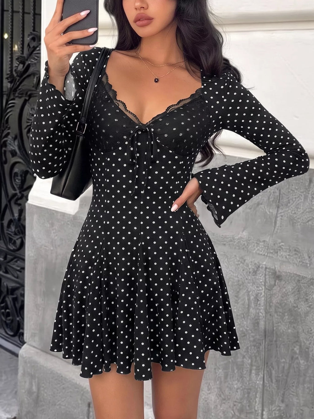 Polka Dot Lace Trimmed V-Neck Mini Dress | STAHlin RADIANCE