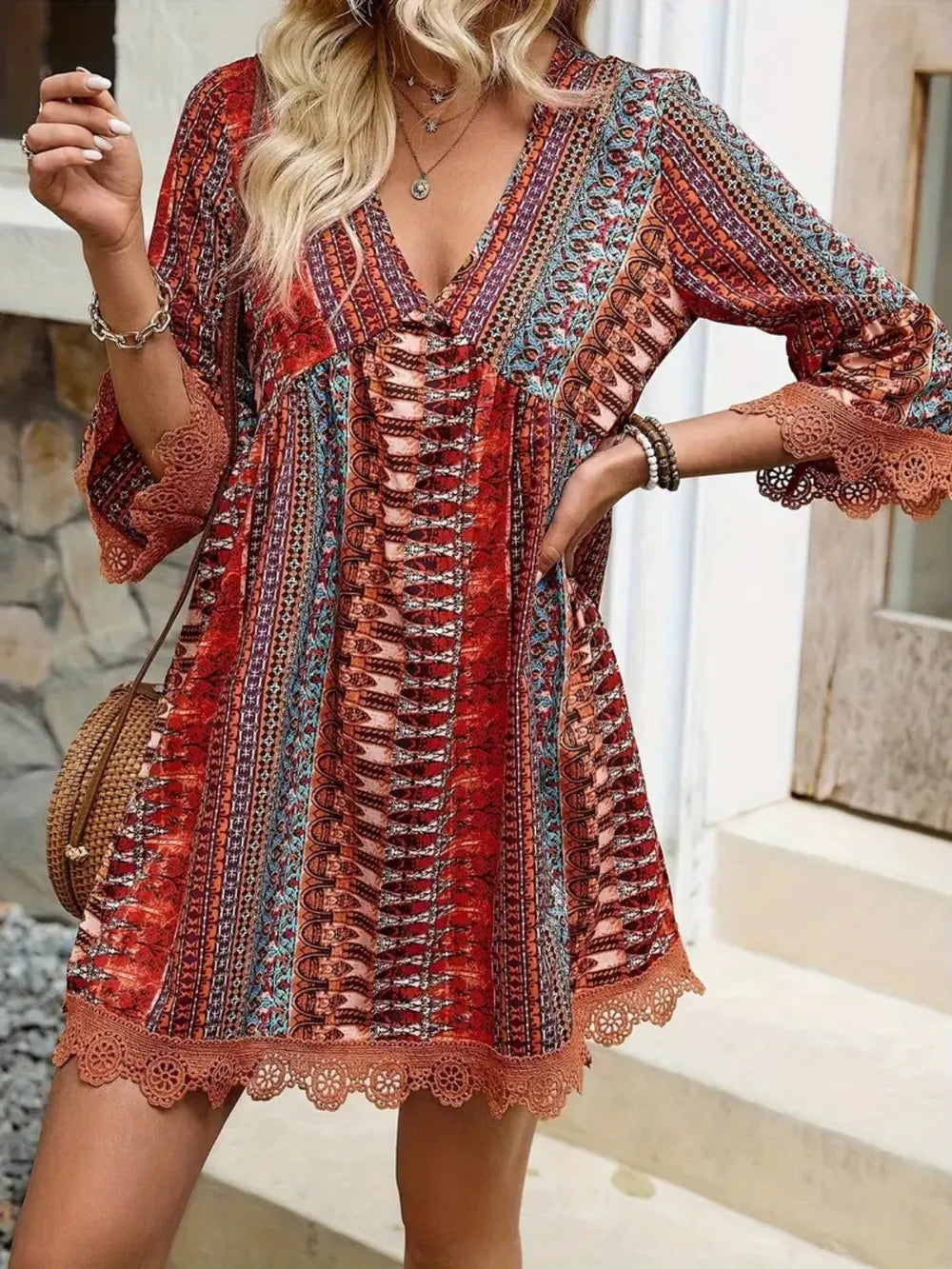 Lace Trim Printed V-Neck 3/4 Sleeve Dress | STAHlin RADIANCE