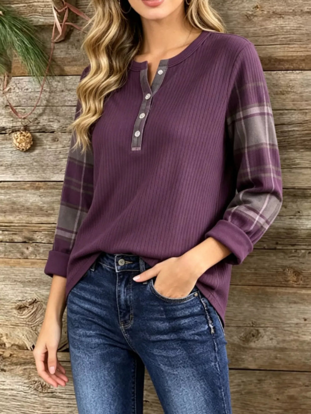 Full Size Ribbed Knit Henley T-Shirt with Plaid Contrast Sleeves Plus Size | STAHlin RADIANCE