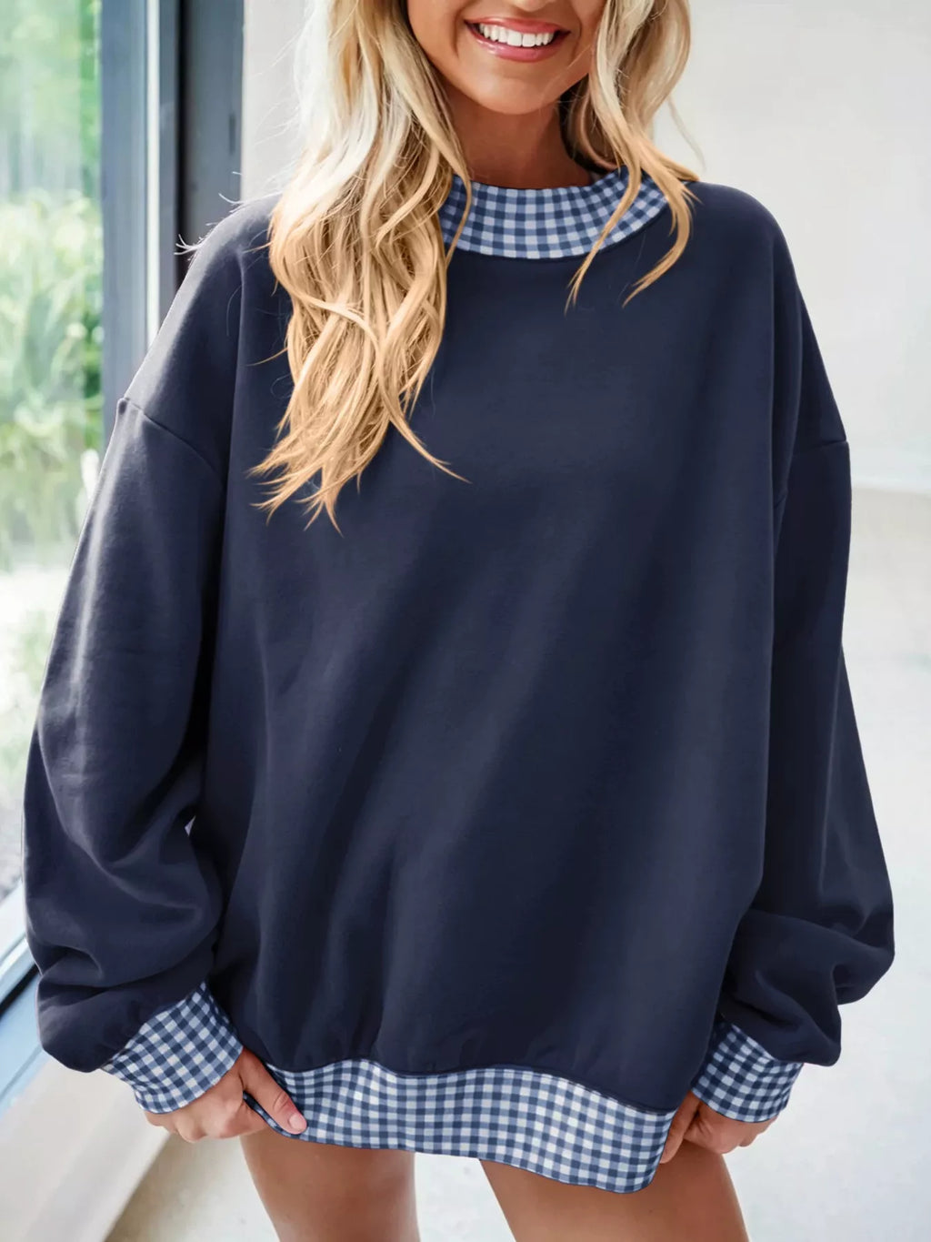 Gingham Trim Dropped Shoulder Sweatshirt | STAHlin RADIANCE