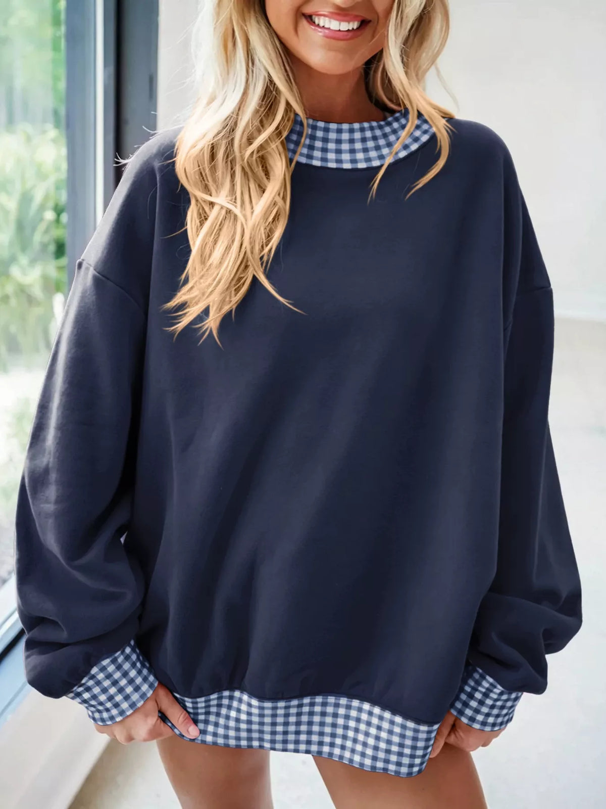 Gingham Trim Dropped Shoulder Sweatshirt | STAHlin RADIANCE