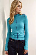 Basic Bae Wavy Lettuce Trim Contrast Stitching Long Sleeve Mock Neck Slim Fit Casual Top | STAHlin RADIANCE