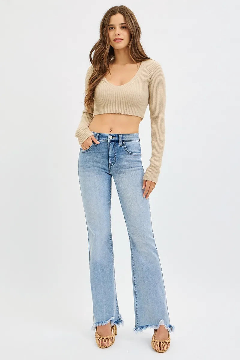 RISEN Full Size Tummy Control Mid Rise Flare Jeans with Fray Hem Detailed Plus Size | STAHlin RADIANCE