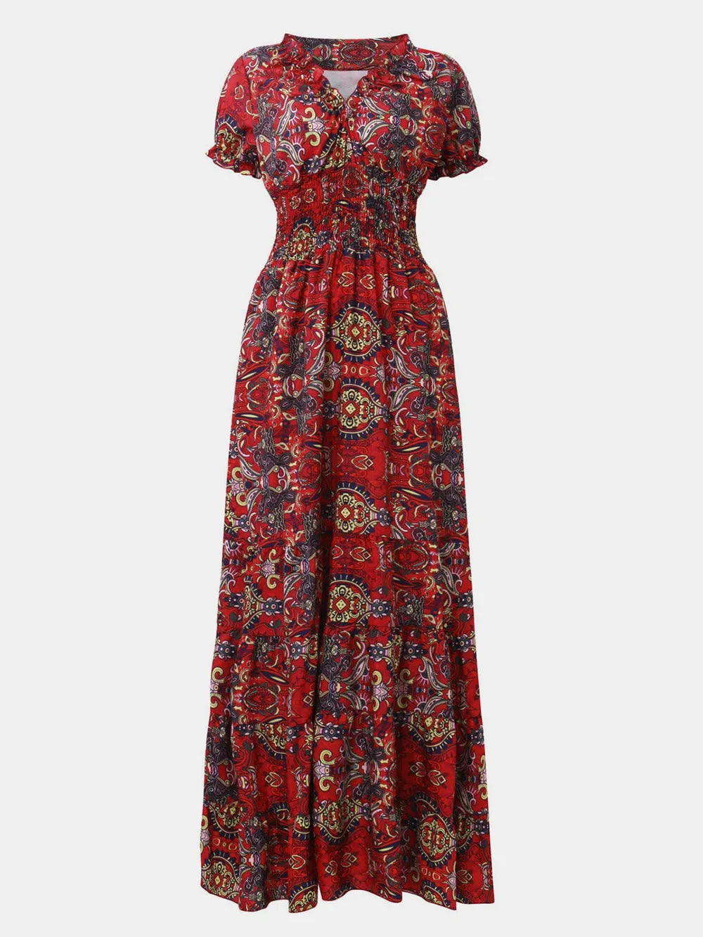 Full Size Smocked Printed V-Neck Short Sleeve Dress | STAHlin RADIANCE