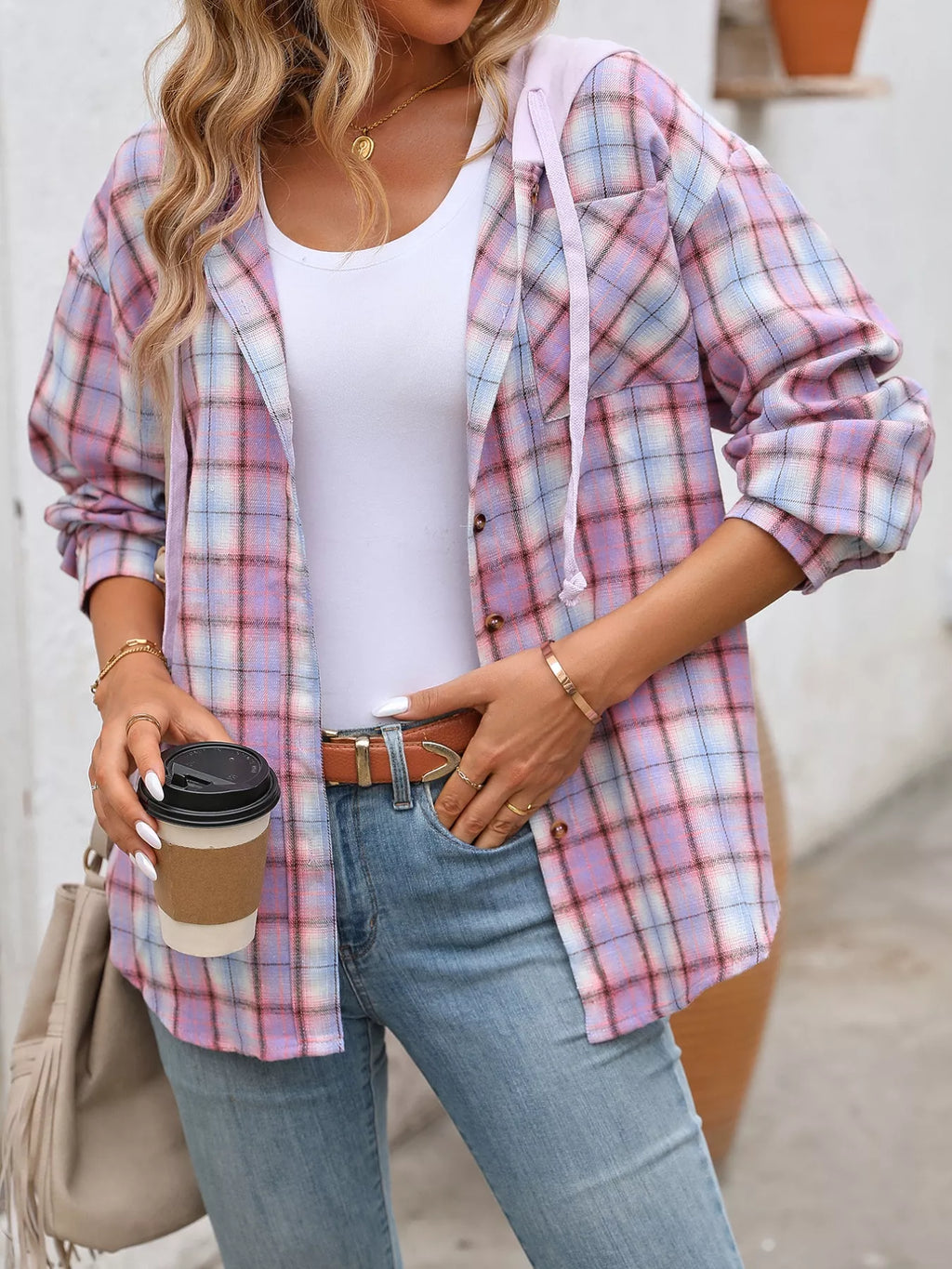 Plaid Button-Up Hooded Shirt with Chest Pocket | STAHlin RADIANCE