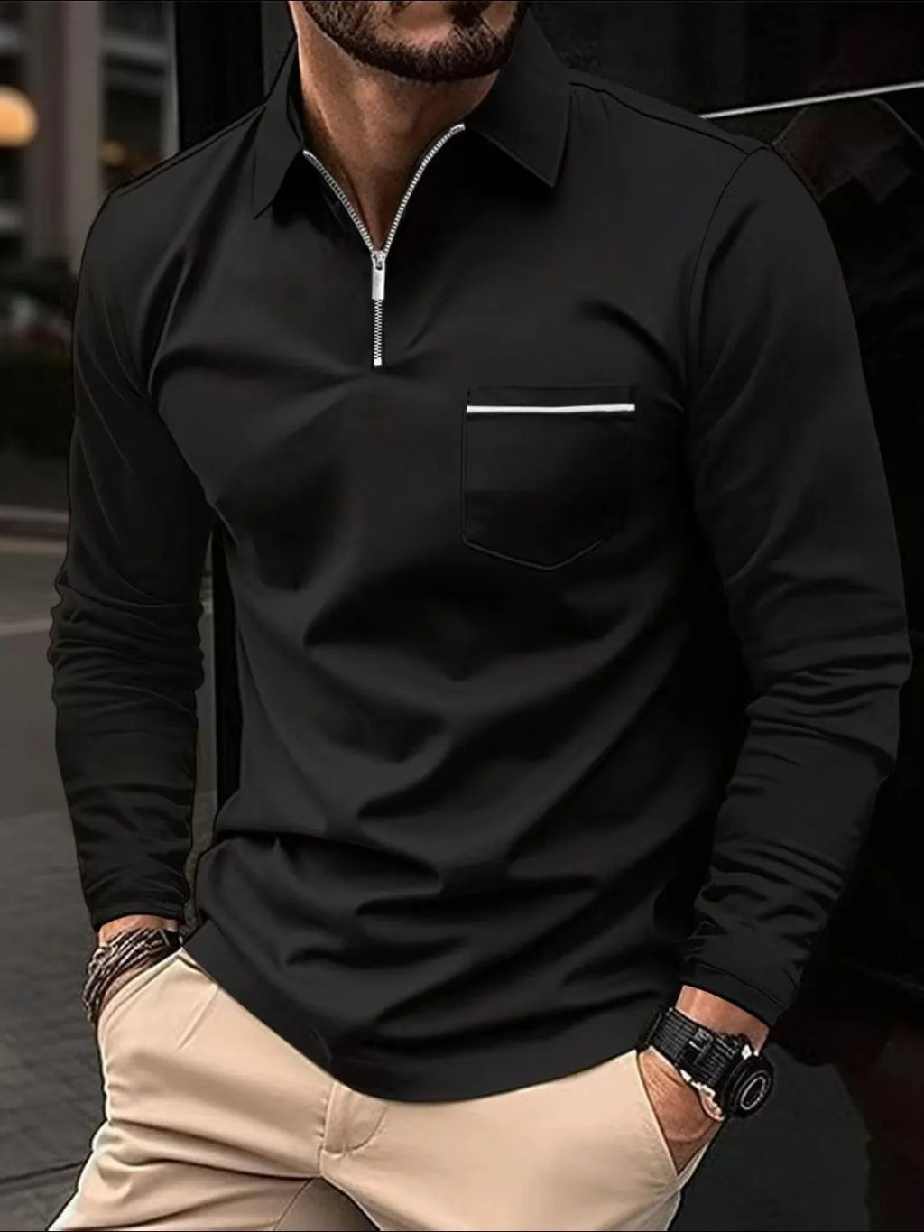 Men's Full Size Collared Neck Long Sleeve Polo Plus Size | STAHlin RADIANCE