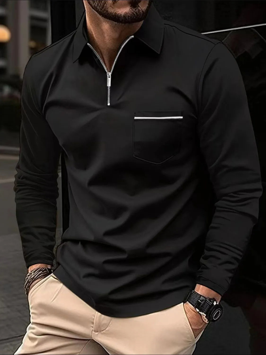 Men's Full Size Collared Neck Long Sleeve Polo Plus Size | STAHlin RADIANCE