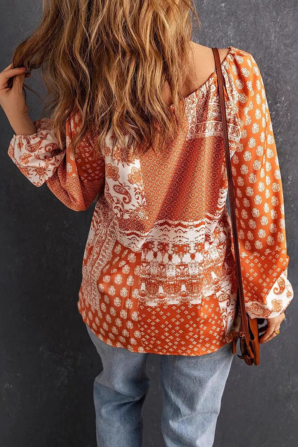Full Size Paisley Print Tie-Neck Long Sleeve Blouse Plus Size | STAHlin RADIANCE