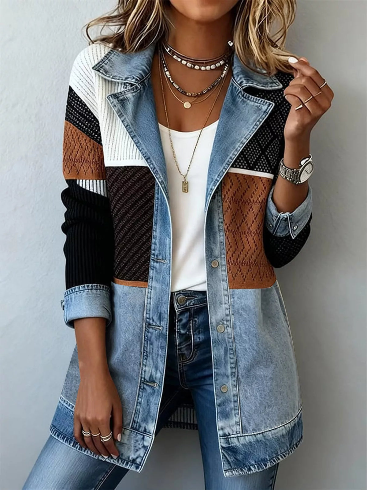 Color-Block Denim and Knit Patchwork Casual Jacket | STAHlin RADIANCE