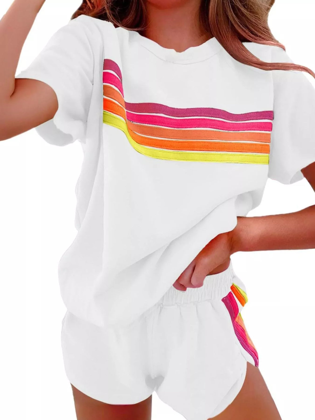 Rainbow Striped Round Neck Top and Shorts Set | STAHlin RADIANCE