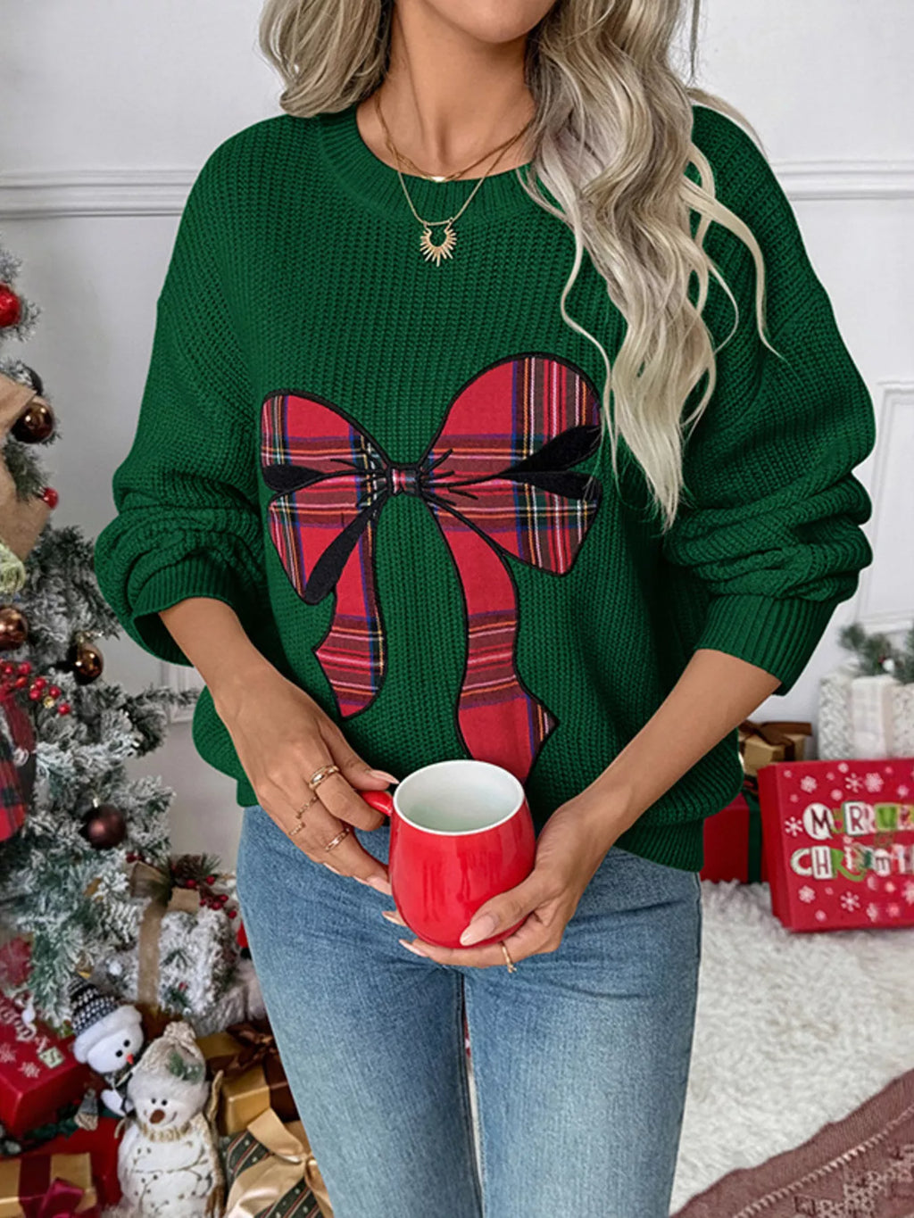 Plaid Bow Round Neck Christmas Sweater | STAHlin RADIANCE