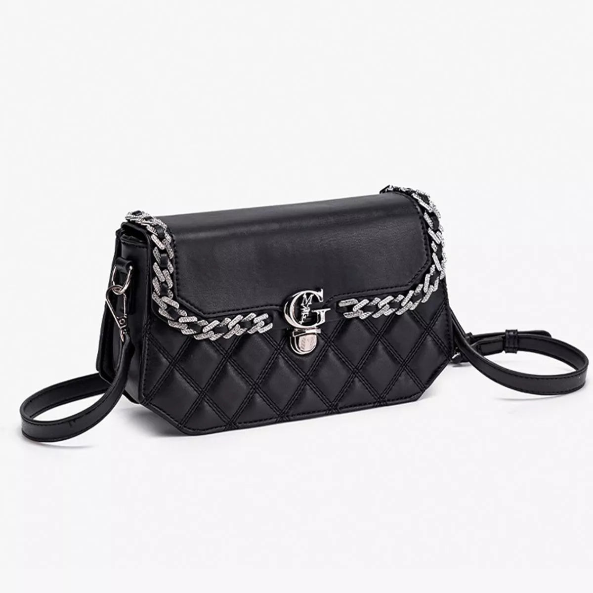 Quilted PU Leather Crossbody Bag with Rhinestone Decor | STAHlin RADIANCE