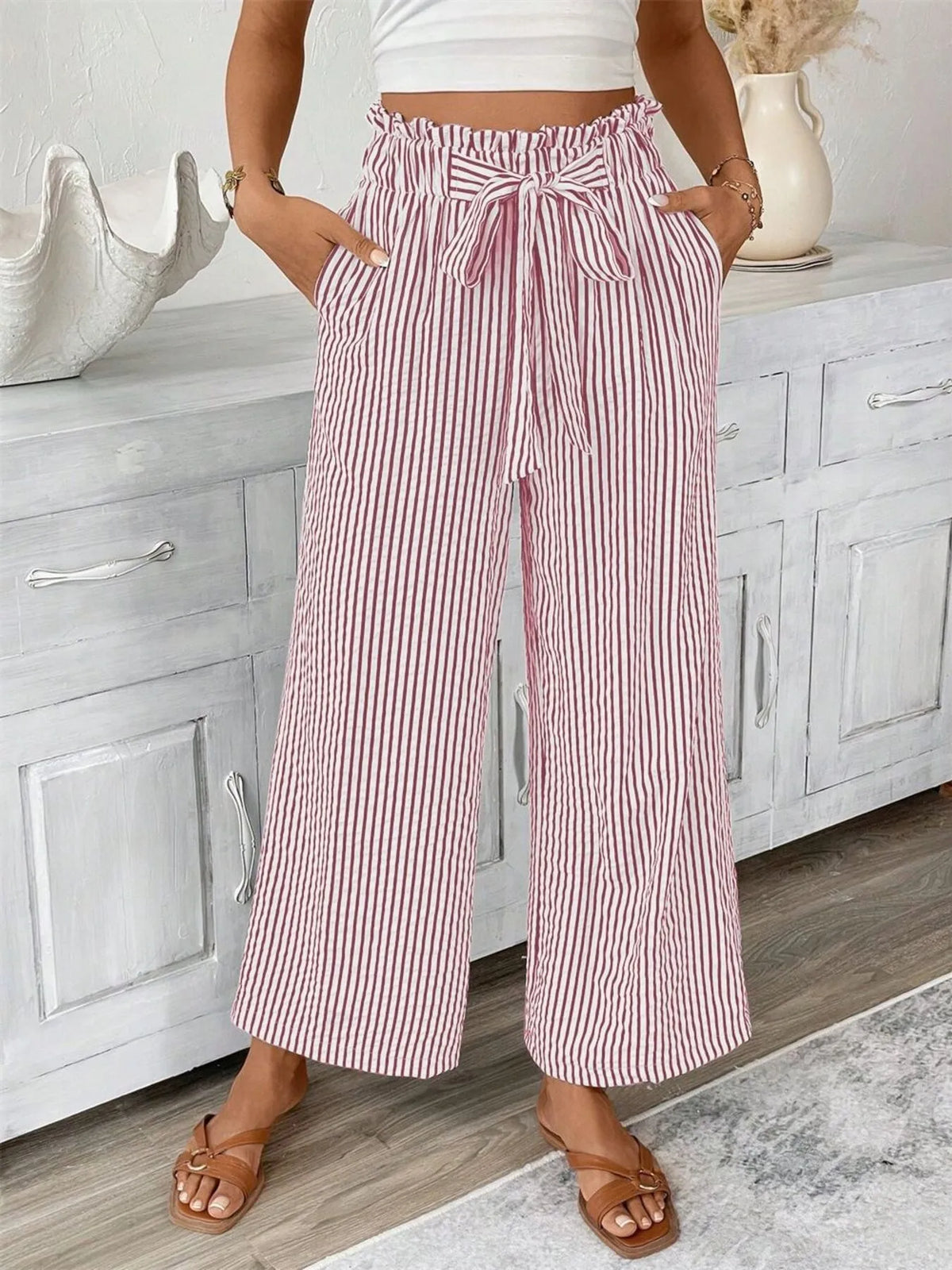 Full Size Striped Wide Leg Paper Bag Pants Plus Size | STAHlin RADIANCE