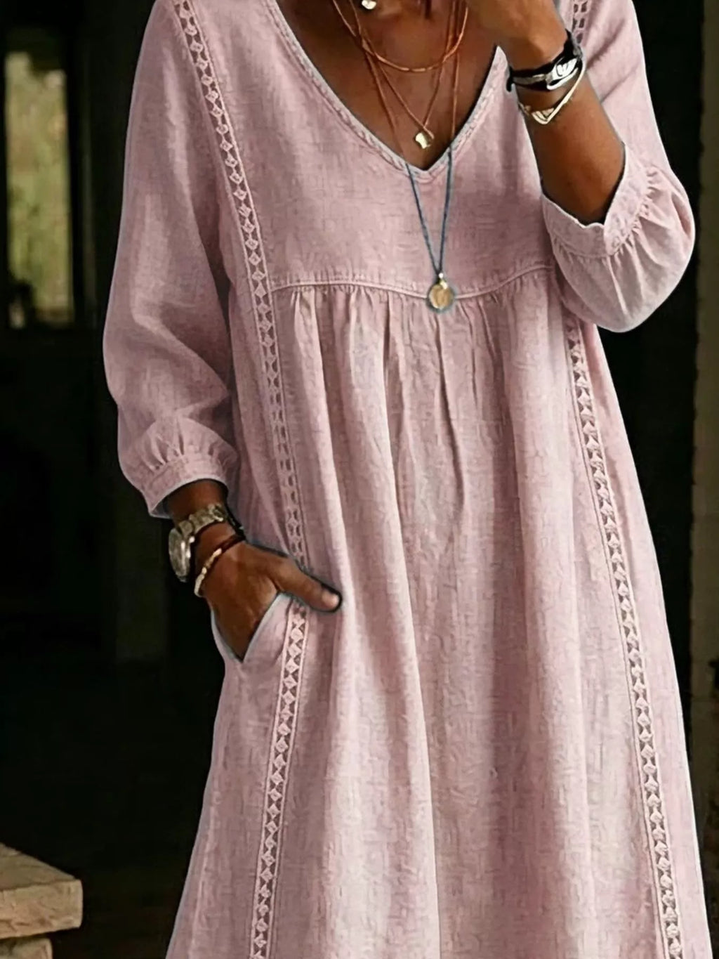 Full Size Lace Trim Long Sleeve Midi Dress Plus Size | STAHlin RADIANCE
