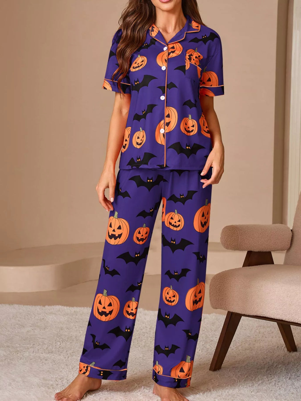 Halloween Pumpkin and Bat Print Button-Down Top and Pants Lounge Set | STAHlin RADIANCE