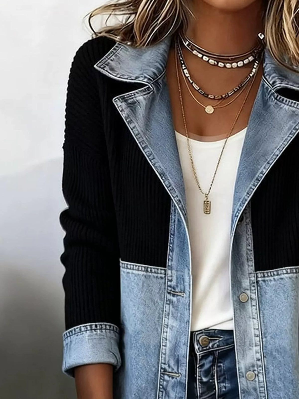 Color-Block Denim and Knit Patchwork Casual Jacket | STAHlin RADIANCE