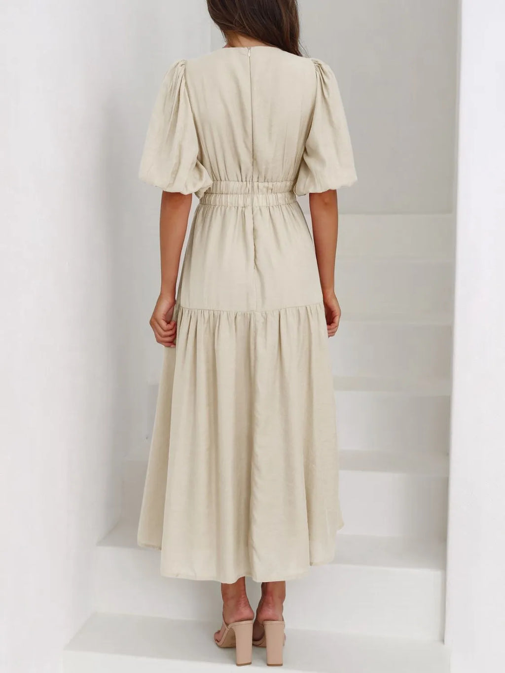 V-Neck Puff Sleeve Midi Dress | STAHlin RADIANCE