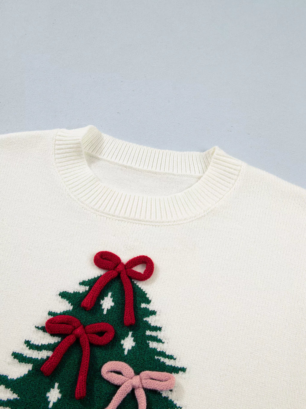 Christmas Tree Bow Drop Shoulder Knit Sweater | STAHlin RADIANCE