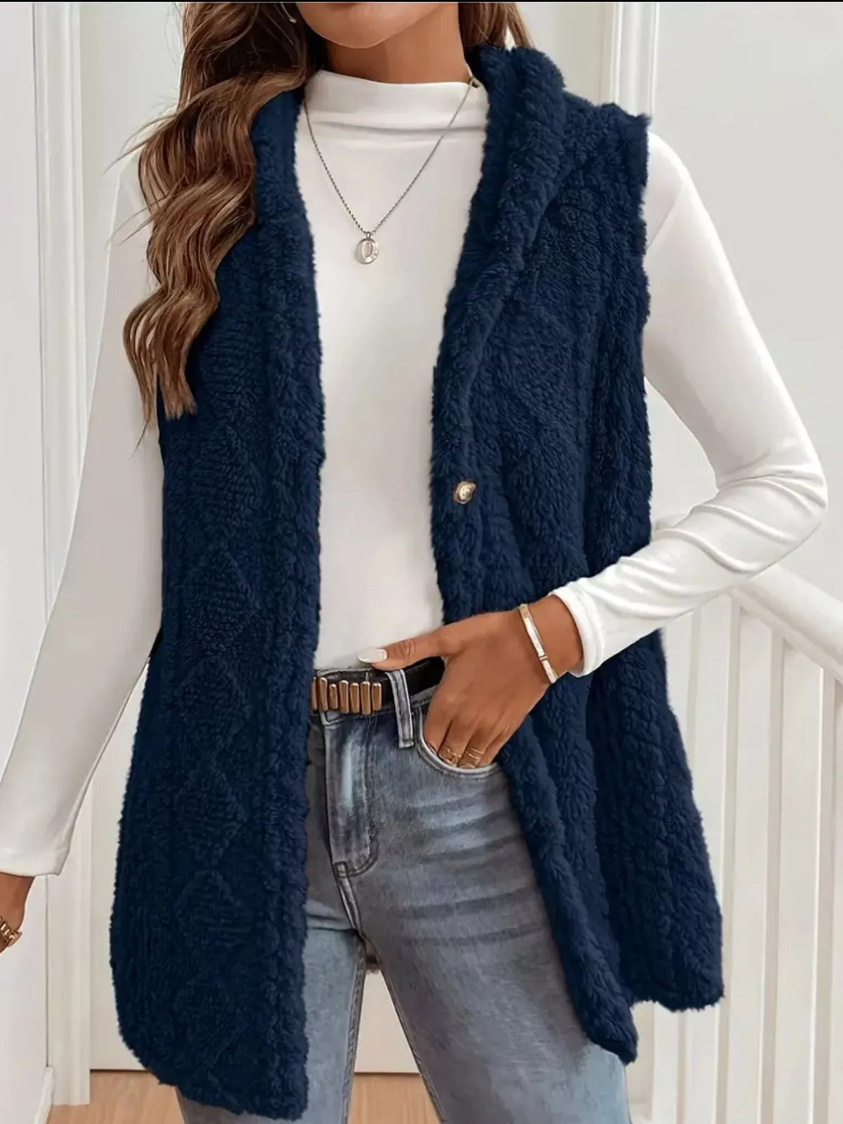 Hooded Button-Up Sherpa Vest Coat | STAHlin RADIANCE