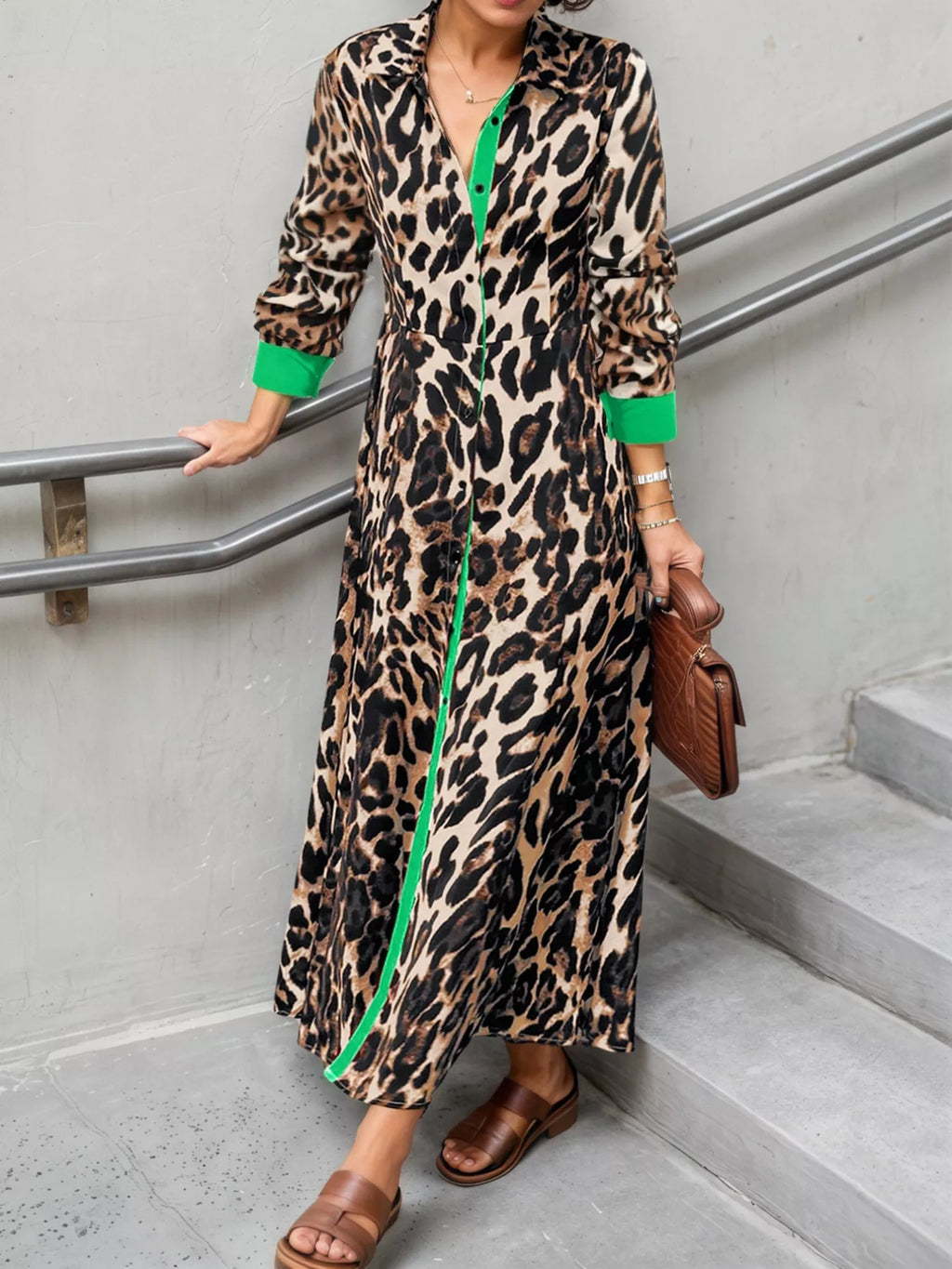 Leopard Print Long Sleeve Shirt Dress with Contrast Trim | STAHlin RADIANCE