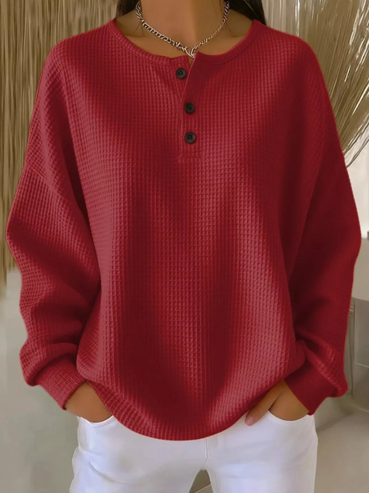 Full Size Waffle Knit Button Detail Top Plus Size | STAHlin RADIANCE