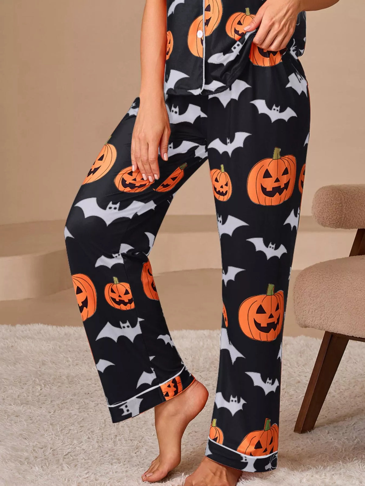 Halloween Pumpkin and Bat Print Button-Down Top and Pants Lounge Set | STAHlin RADIANCE