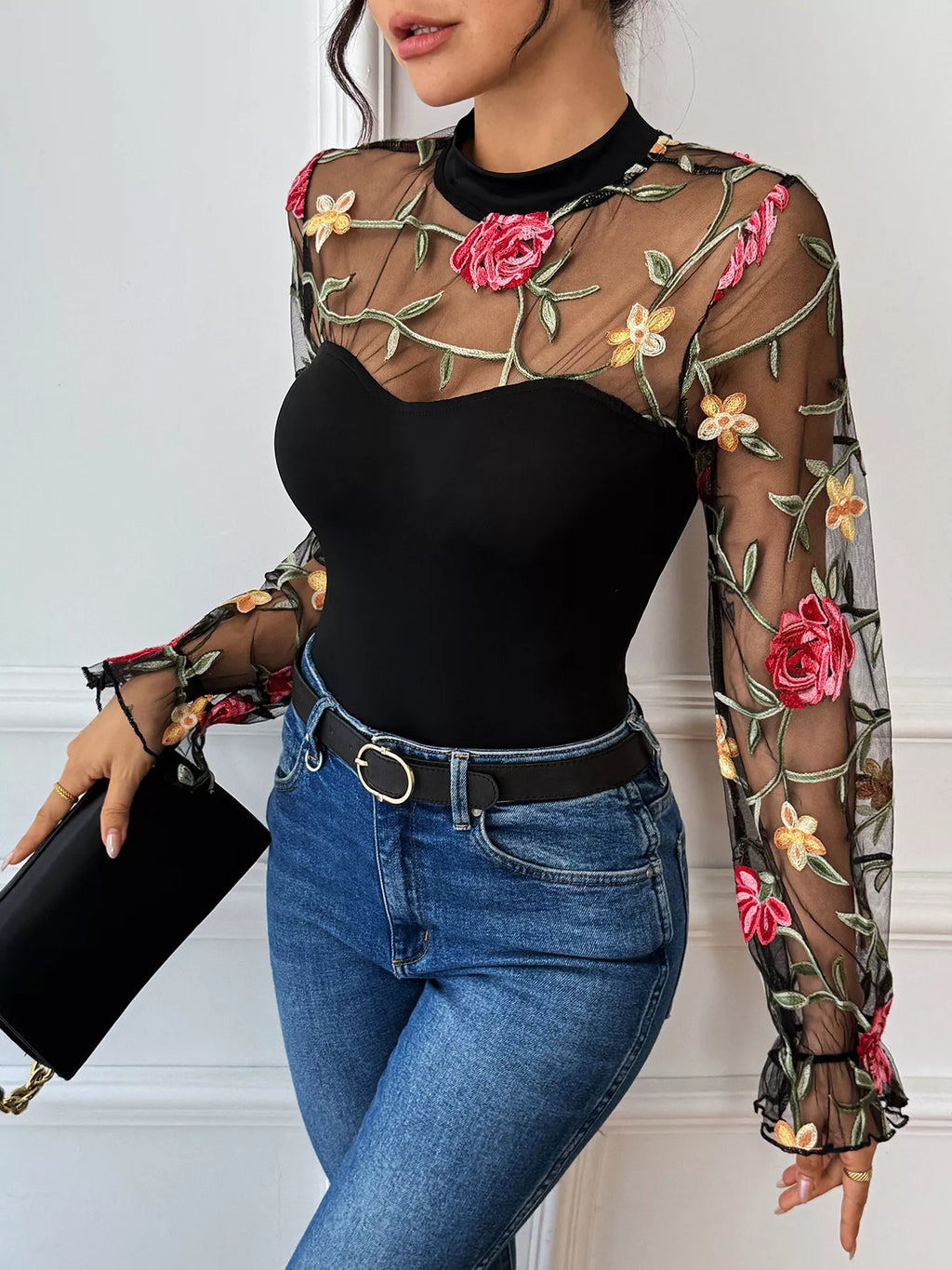 Floral Embroidered Mesh Long Sleeve Bodysuit | STAHlin RADIANCE