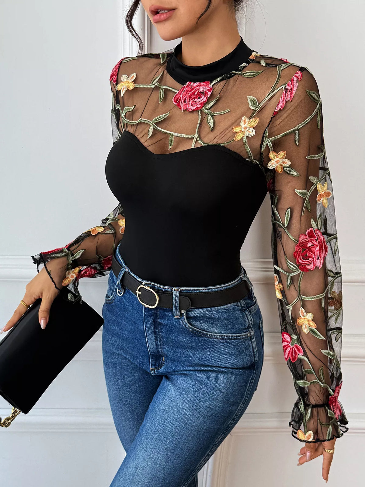 Floral Embroidered Mesh Long Sleeve Bodysuit | STAHlin RADIANCE