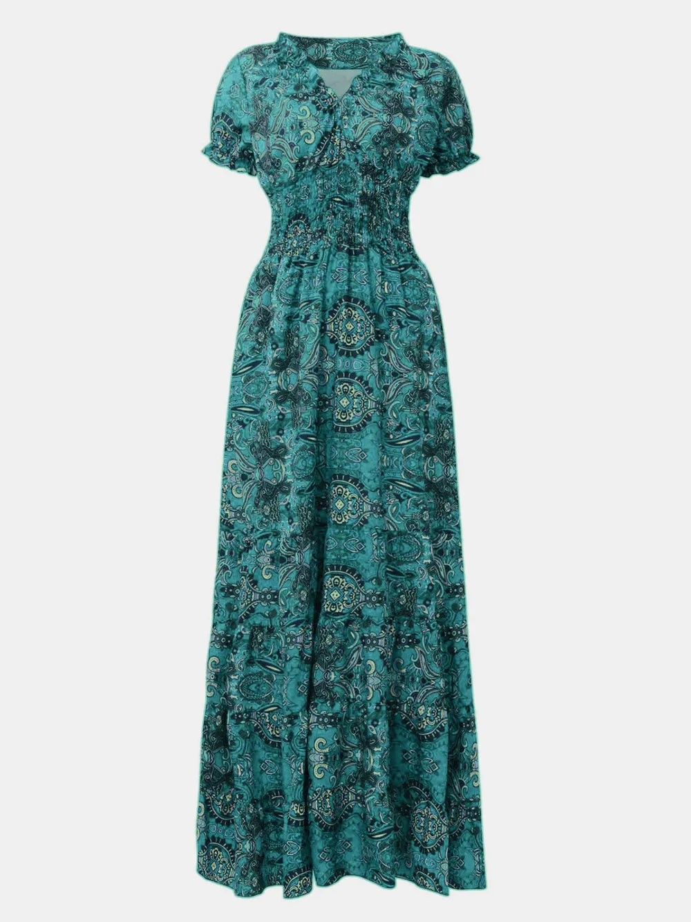 Full Size Smocked Printed V-Neck Short Sleeve Dress | STAHlin RADIANCE
