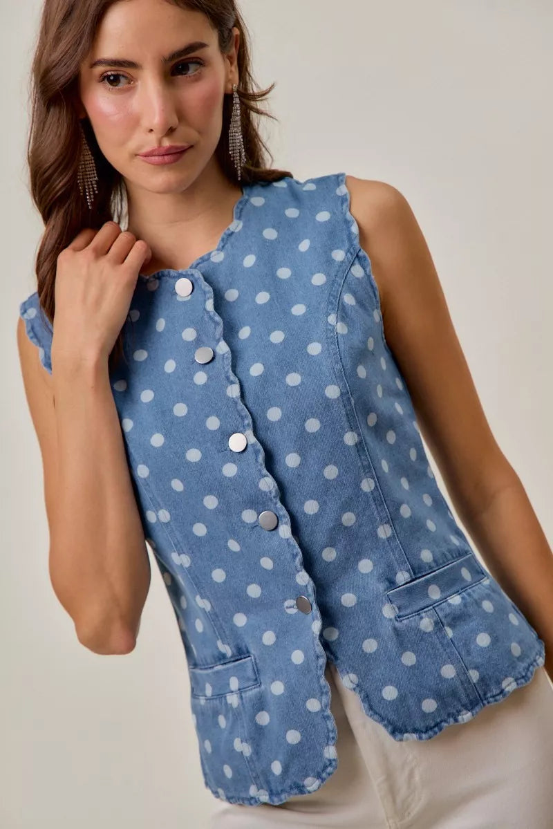 SO ME Polka Dot Denim Scallop Edge Button Down Vest Top | STAHlin RADIANCE