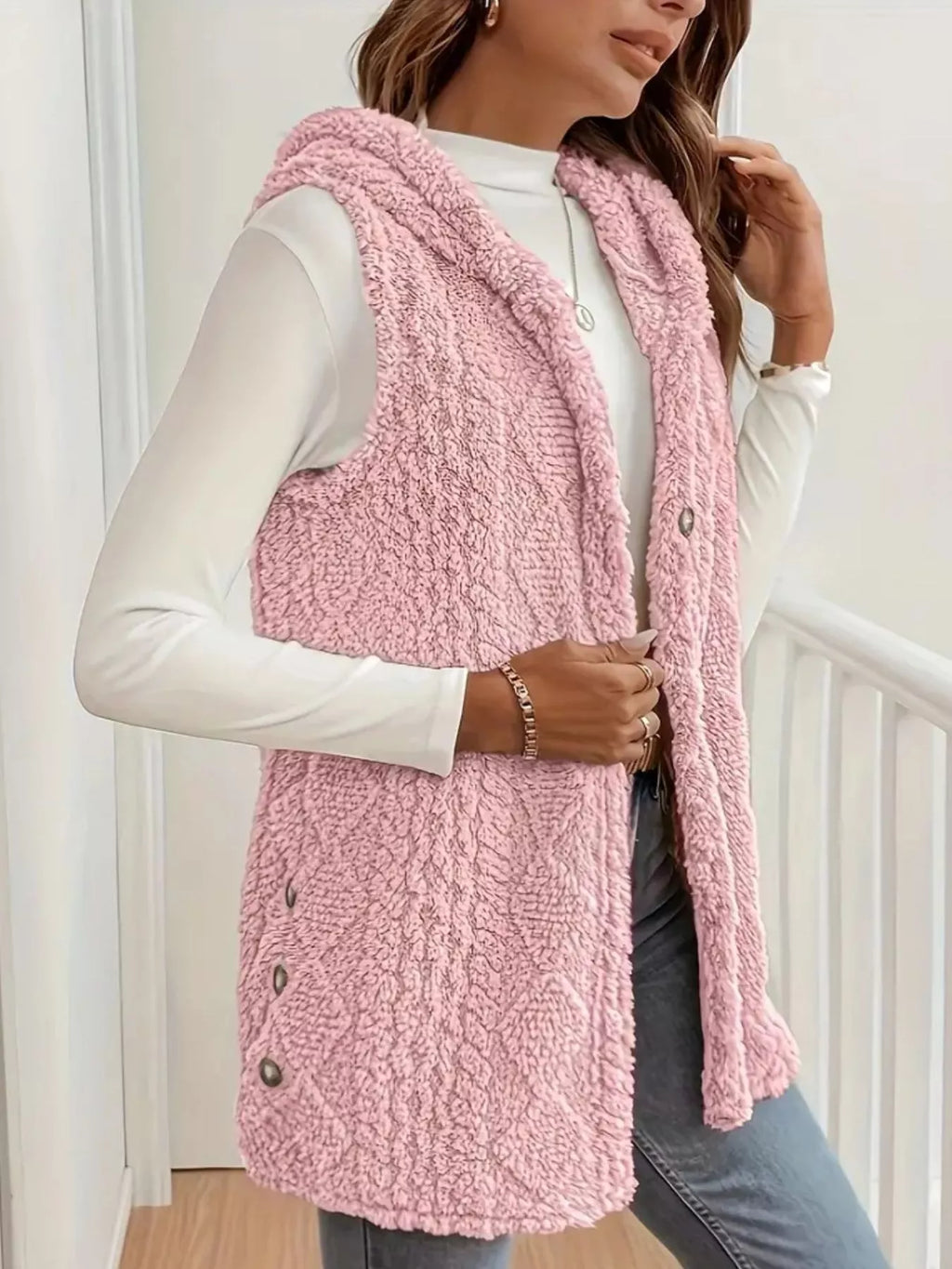 Hooded Button-Up Sherpa Vest Coat | STAHlin RADIANCE