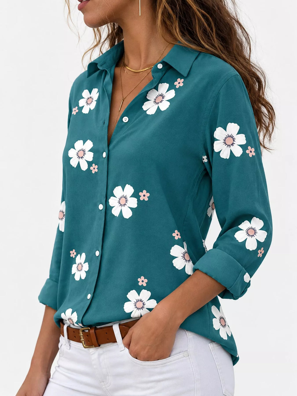 Full Size Floral Print Button-Down Casual Shirt Plus Size | STAHlin RADIANCE