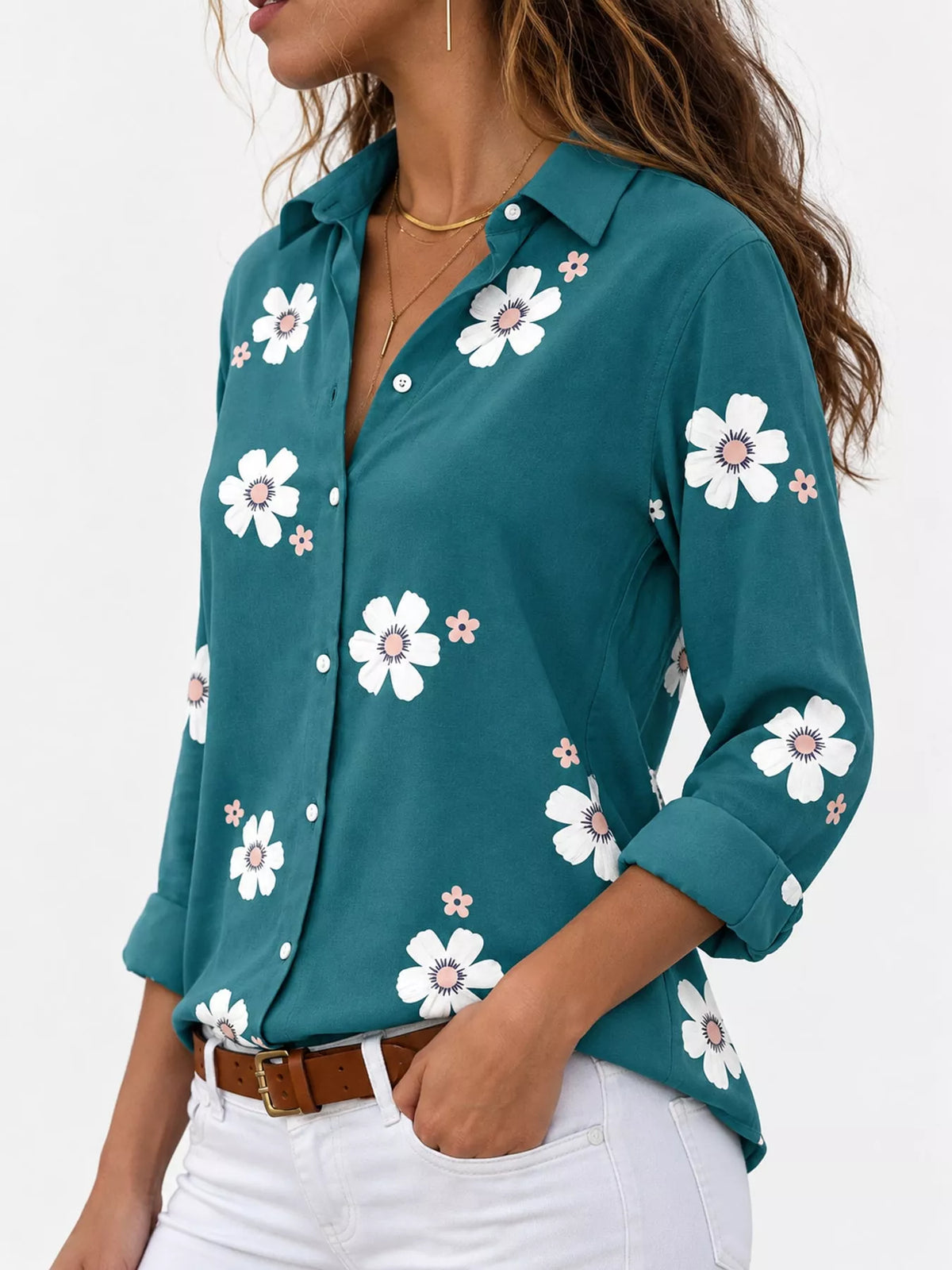 Full Size Floral Print Button-Down Casual Shirt Plus Size | STAHlin RADIANCE
