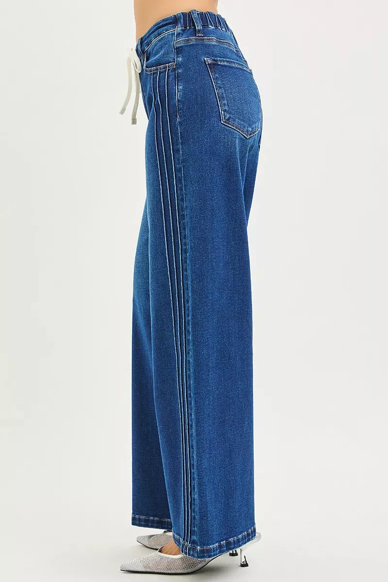 RISEN Full Size Mid Rise Wide Side Pintuck Jeans with Front Drawstring Plus Size | STAHlin RADIANCE