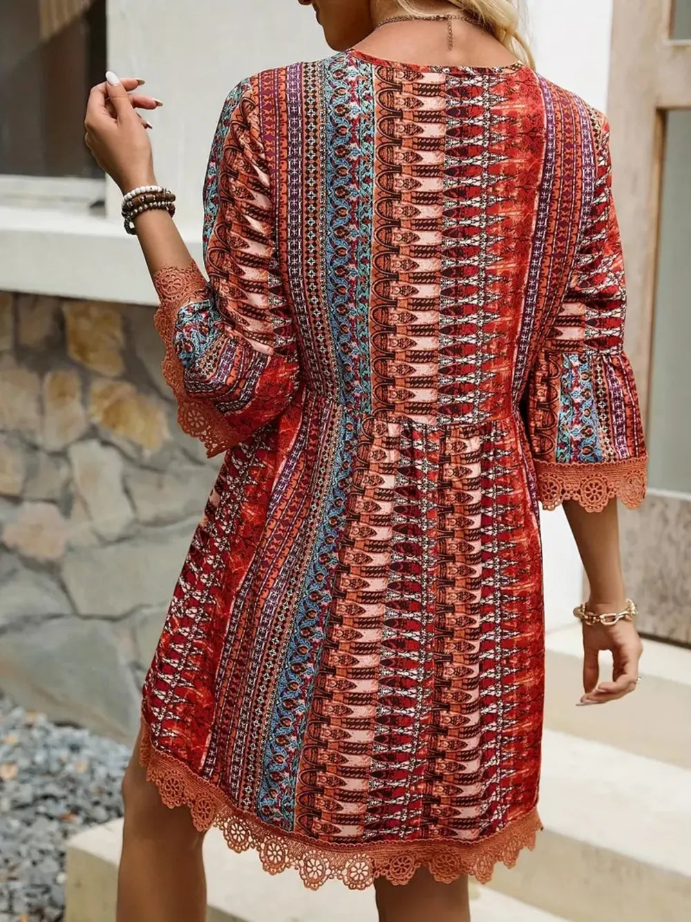 Lace Trim Printed V-Neck 3/4 Sleeve Dress | STAHlin RADIANCE