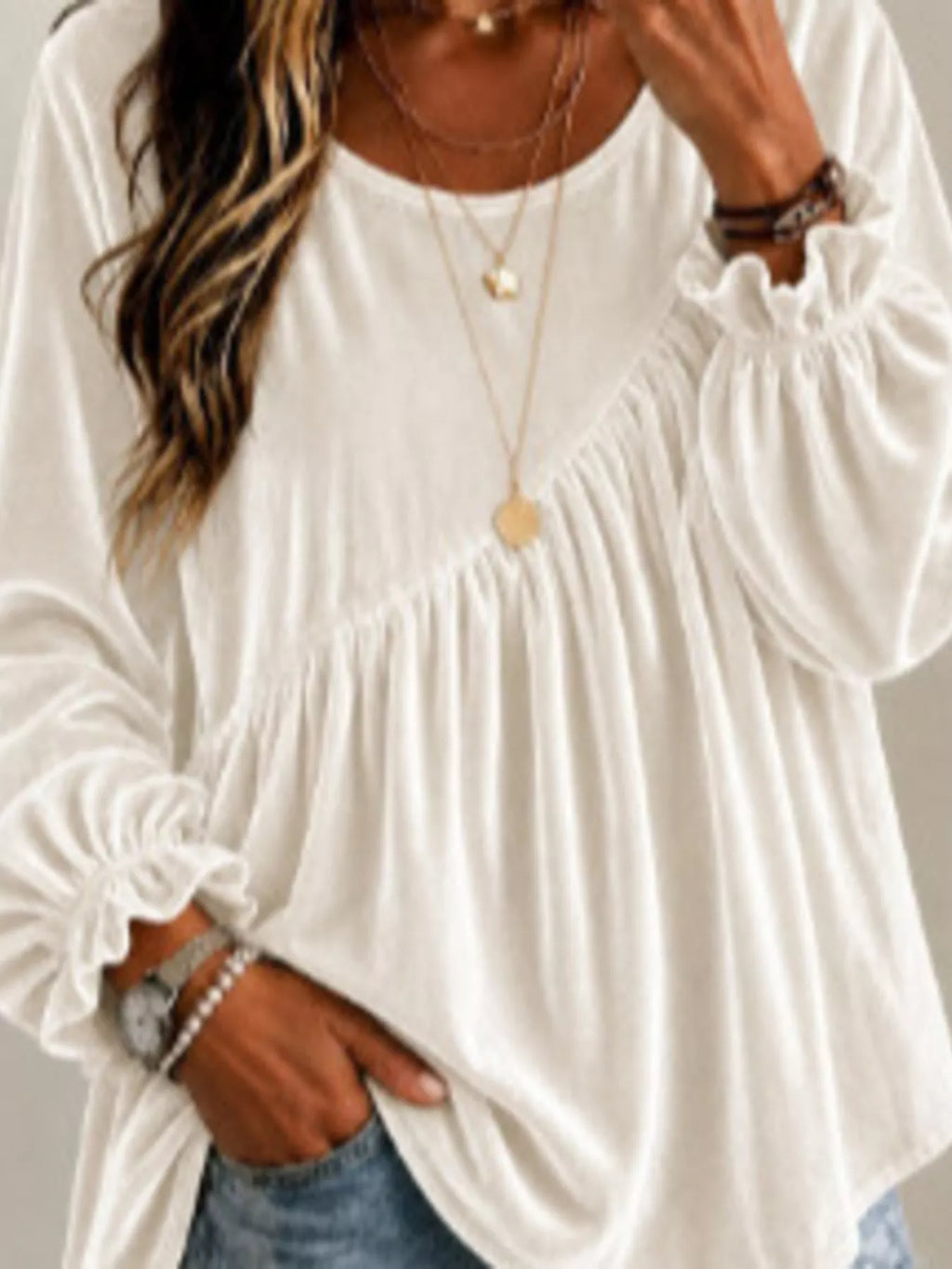 Full Size Velvet Round Neck Long Sleeve Blouse Plus Size | STAHlin RADIANCE
