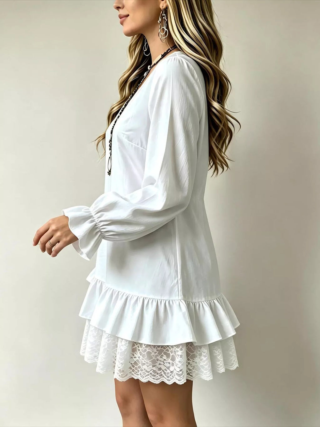 V-Neck Long Sleeve Ruffle Hem Lace Detail Dress | STAHlin RADIANCE