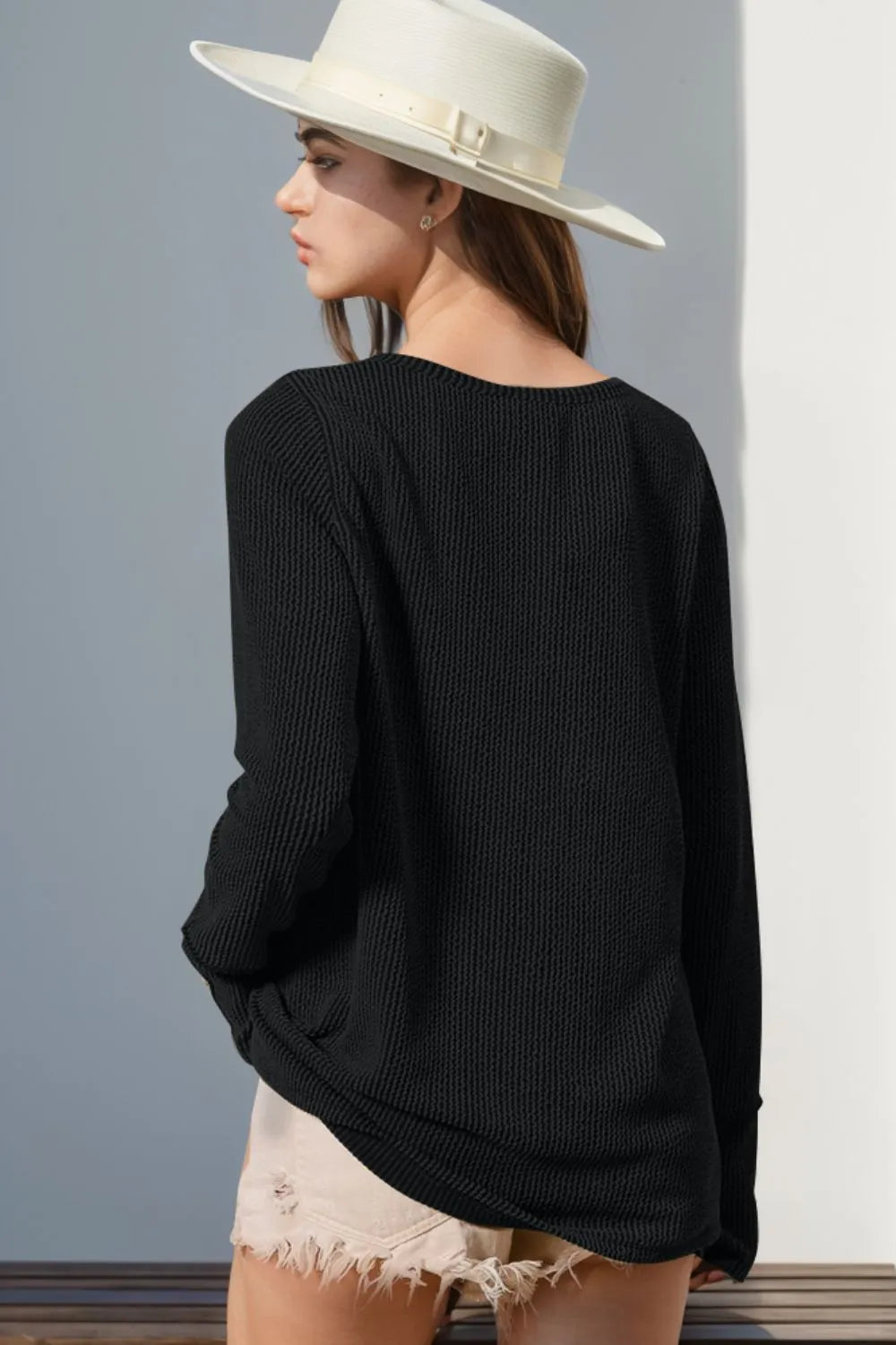 Double Take Full Size Notched Thumbhole Long Sleeve T-Shirt | STAHlin RADIANCE