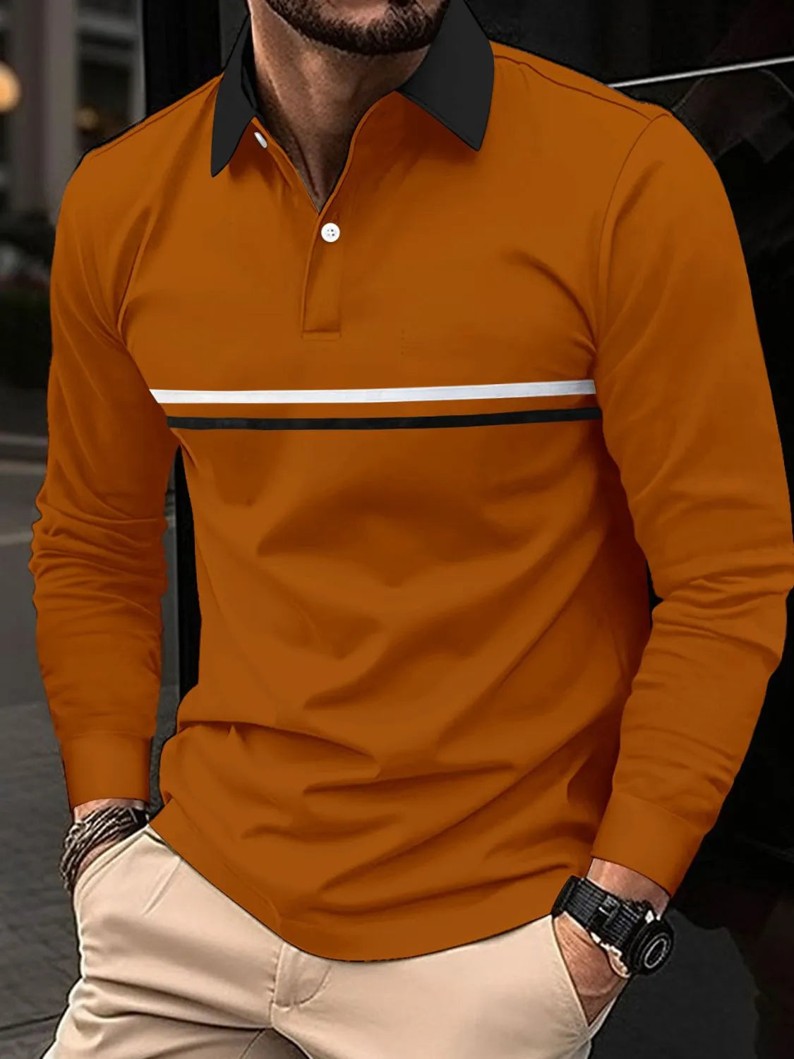 Men's Full Size Collared Neck Long Sleeve Polo Plus Size | STAHlin RADIANCE