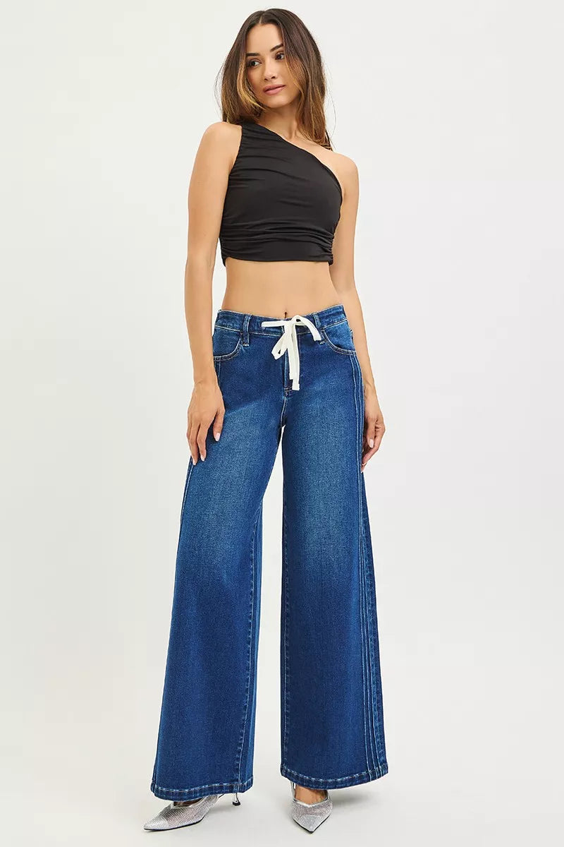 RISEN Full Size Mid Rise Wide Side Pintuck Jeans with Front Drawstring Plus Size | STAHlin RADIANCE