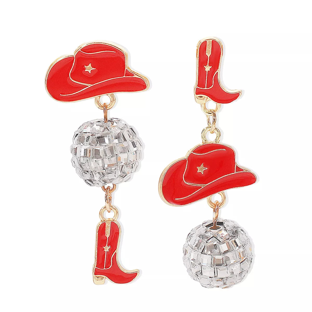 Asymmetrical Cowgirl Boot Hat Ball Dangle Earrings | STAHlin RADIANCE