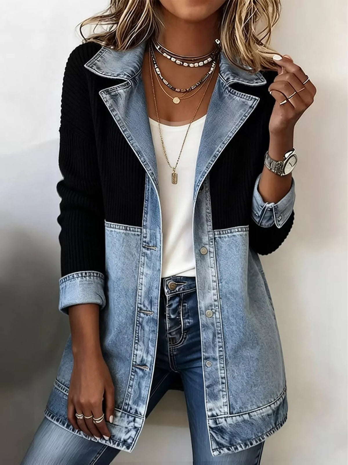 Color-Block Denim and Knit Patchwork Casual Jacket | STAHlin RADIANCE
